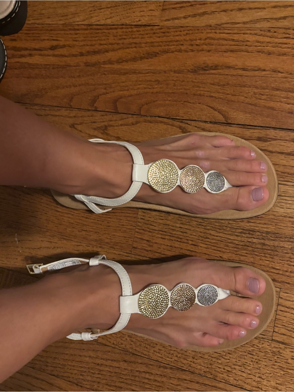 Vionic White T-Strap Sandals with Mixed Metallic Discs